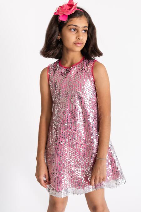 Buy A Little Fable Pink Cotton, Polyester Sequins Disco Station Dress Online at Aza Fashions Buy_A Little Fable_Pink Cotton, Polyester Sequins Disco Station Dress _Online_at_Aza_Fashions