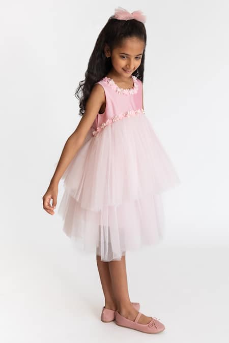 A Little Fable Pink Tulle, Cotton Embroidery Dreamy Flower Dress Online at Aza Fashions A Little Fable_Pink Tulle, Cotton Embroidery Dreamy Flower Dress _Online_at_Aza_Fashions