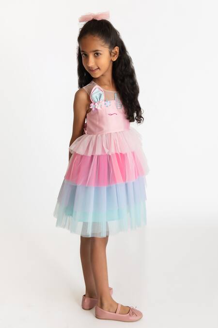 A Little Fable_Multi Color Tulle, Cotton, Polyester Embroidery Glitter Horn Unicorn Dress _Online_at_Aza_Fashions
