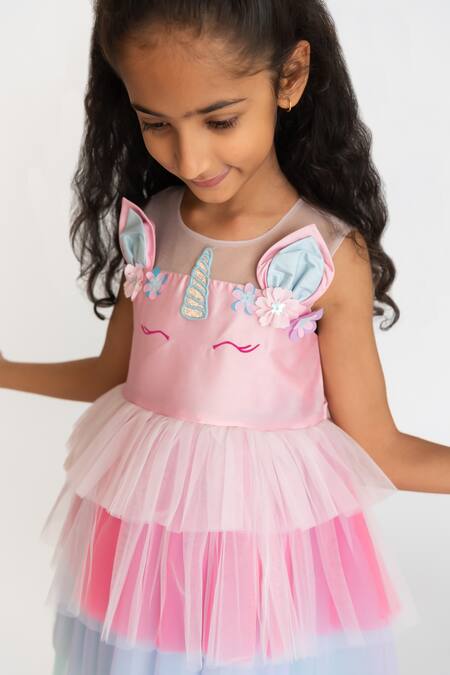 Buy_A Little Fable_Multi Color Tulle, Cotton, Polyester Embroidery Glitter Horn Unicorn Dress _Online_at_Aza_Fashions