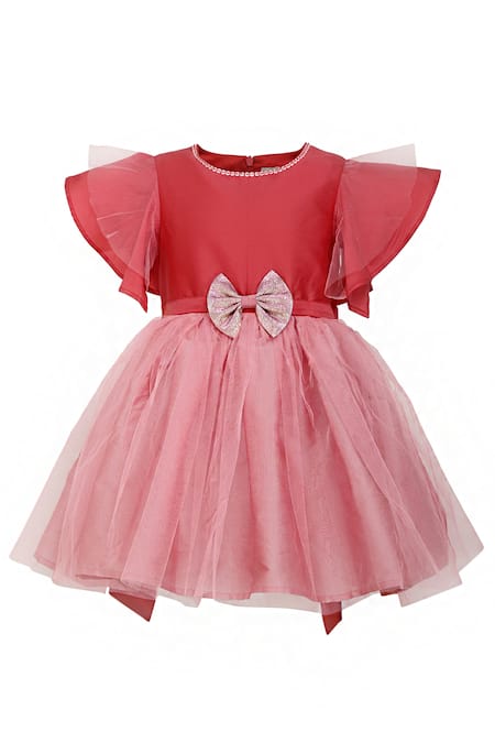 A Little Fable Red Taffeta, Net Bows, Sequins Rose Layered Dress 