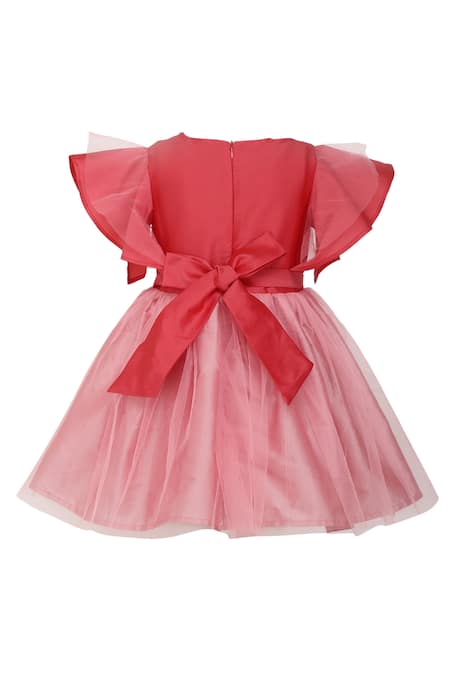 Shop A Little Fable Red Taffeta, Net Bows, Sequins Rose Layered Dress at Aza Fashions Shop_A Little Fable_Red Taffeta, Net Bows, Sequins Rose Layered Dress _at_Aza_Fashions