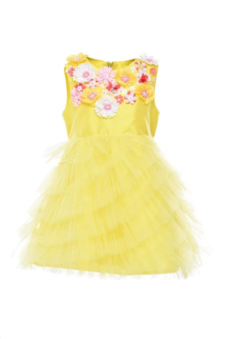 A Little Fable_Yellow Taffeta, Net Fabric Flowers Provence Cascade Layered Ruffle Dress _Online_at_Aza_Fashions