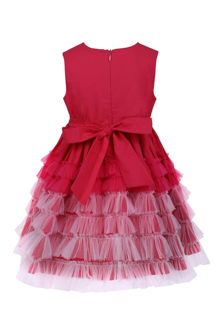 Shop_A Little Fable_Pink Cotton, Net Embroidery Shaded Cherry Fleur Dress _at_Aza_Fashions