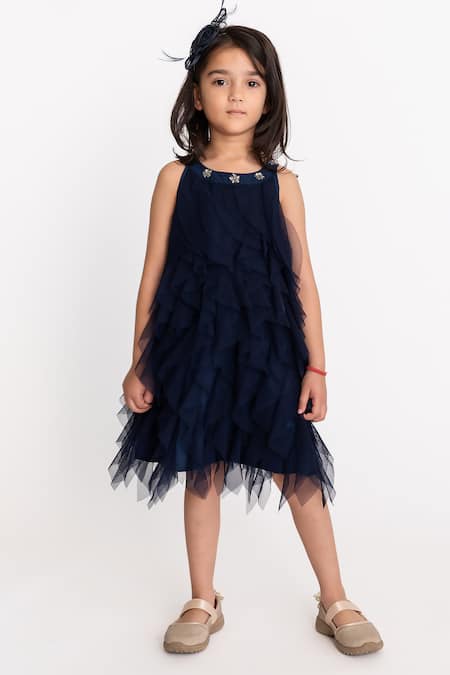 A Little Fable Blue Crepe, Net Sequins Waterfall Ruffle Dress 
