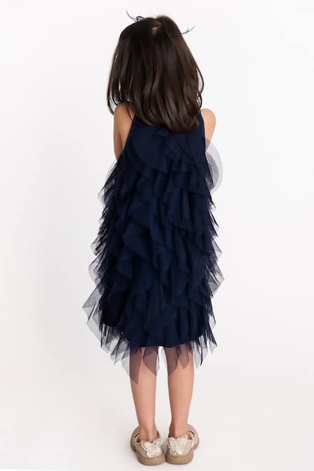 Shop A Little Fable Blue Crepe, Net Sequins Waterfall Ruffle Dress at Aza Fashions Shop_A Little Fable_Blue Crepe, Net Sequins Waterfall Ruffle Dress _at_Aza_Fashions