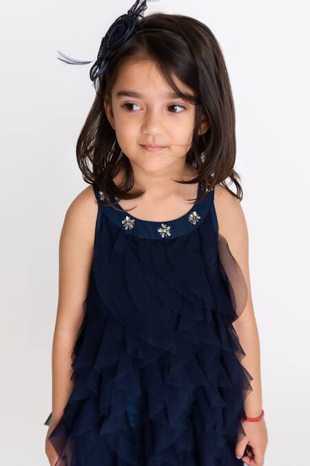 A Little Fable Blue Crepe, Net Sequins Waterfall Ruffle Dress Online at Aza Fashions A Little Fable_Blue Crepe, Net Sequins Waterfall Ruffle Dress _Online_at_Aza_Fashions