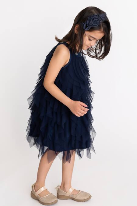 Shop A Little Fable Blue Crepe, Net Sequins Waterfall Ruffle Dress Online at Aza Fashions Shop_A Little Fable_Blue Crepe, Net Sequins Waterfall Ruffle Dress _Online_at_Aza_Fashions