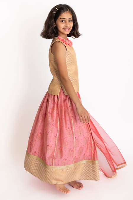 A Little Fable_Pink Cotton, Silk, Jacquard, Net Embroidery, Applique, Floral Print Lehenga Set _Online_at_Aza_Fashions