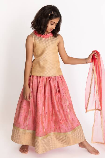 Shop_A Little Fable_Pink Cotton, Silk, Jacquard, Net Embroidery, Applique, Floral Print Lehenga Set _Online_at_Aza_Fashions