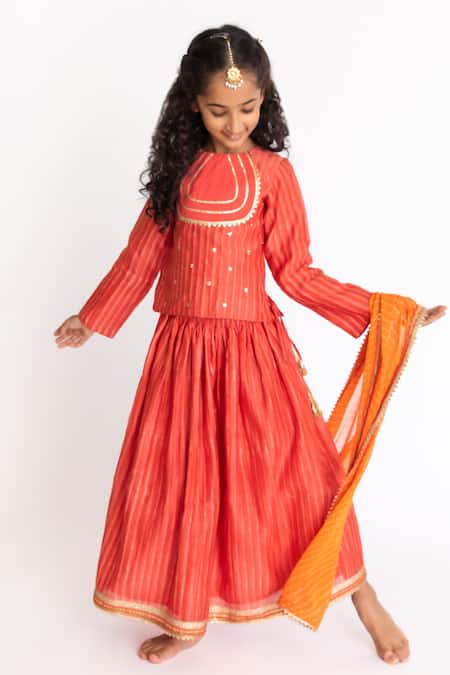 A Little Fable Orange Cotton, Silk Sequins, Gota Patti Stripe Block Print Lehenga Set