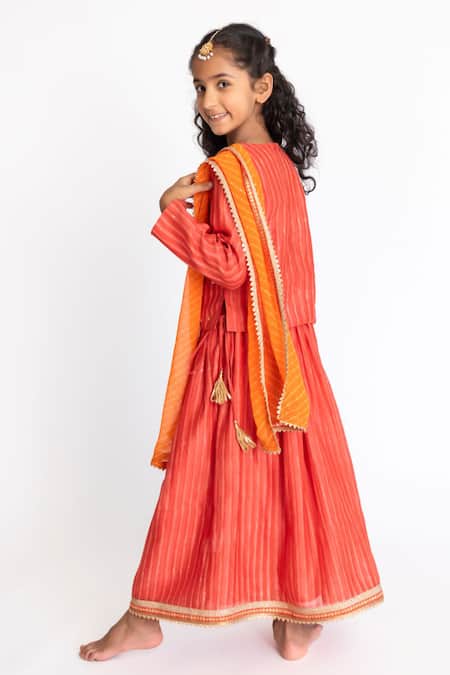 Shop A Little Fable Orange Cotton, Silk Sequins, Gota Patti Stripe Block Print Lehenga Set at Aza Fashions Shop_A Little Fable_Orange Cotton, Silk Sequins, Gota Patti Stripe Block Print Lehenga Set _at_Aza_Fashions