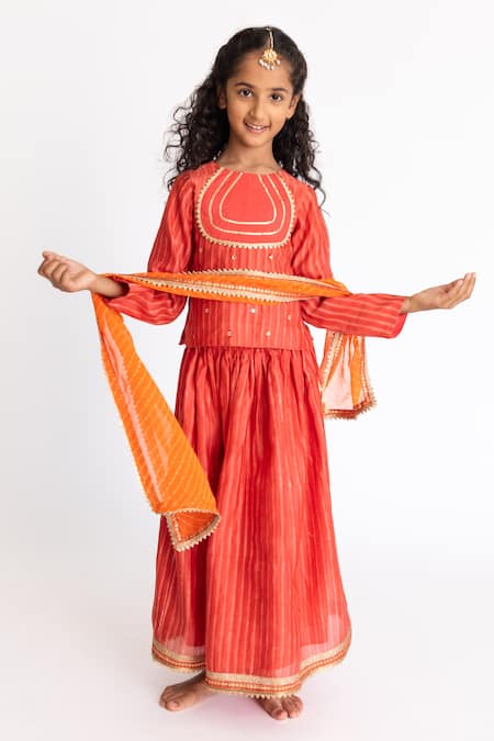 A Little Fable Orange Cotton, Silk Sequins, Gota Patti Stripe Block Print Lehenga Set Online at Aza Fashions A Little Fable_Orange Cotton, Silk Sequins, Gota Patti Stripe Block Print Lehenga Set _Online_at_Aza_Fashions