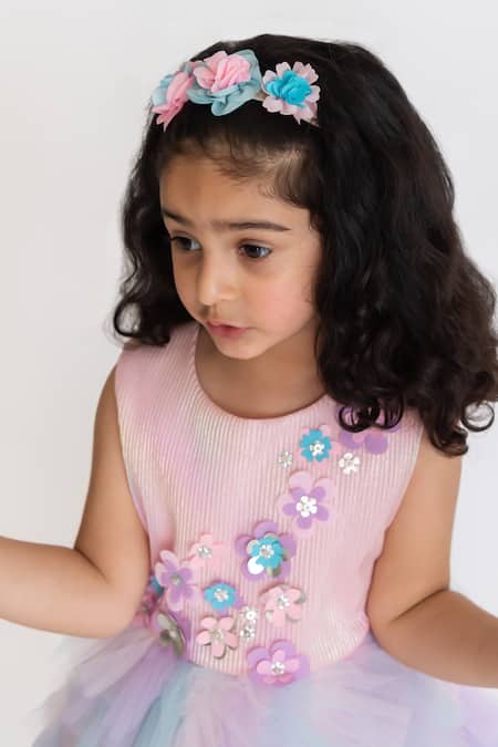 A Little Fable_Purple Tulle, Polyester, Cotton Fabric Whispering Applique Work Ruffle Dress _Online_at_Aza_Fashions