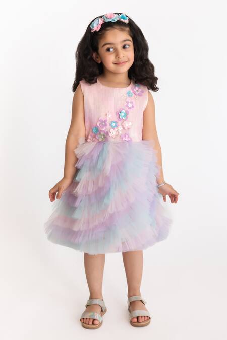 Buy_A Little Fable_Purple Tulle, Polyester, Cotton Fabric Whispering Applique Work Ruffle Dress _Online_at_Aza_Fashions