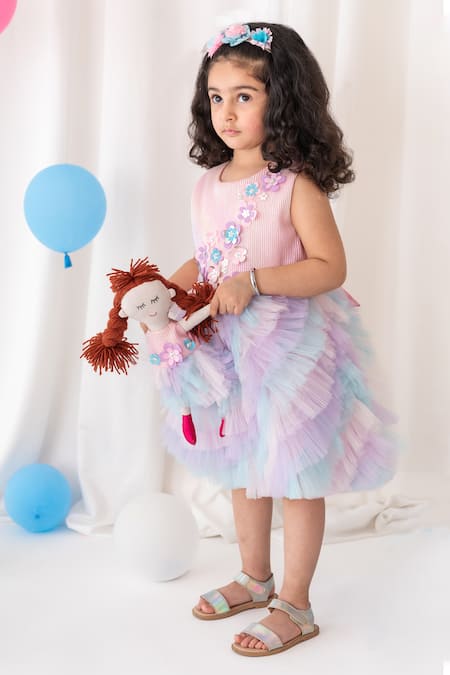 Shop_A Little Fable_Purple Tulle, Polyester, Cotton Fabric Whispering Applique Work Ruffle Dress _Online_at_Aza_Fashions