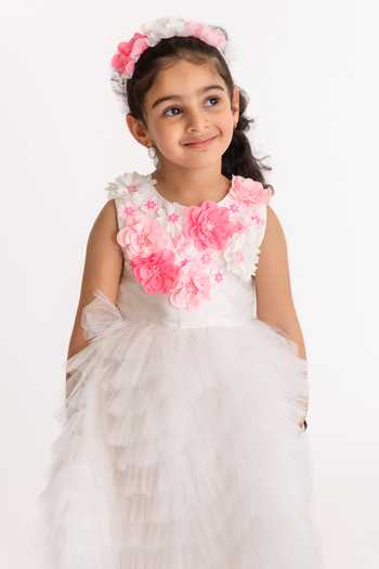A Little Fable White Tulle, Cotton Embroidery Provence Cascade Ruffle Dress Online at Aza Fashions A Little Fable_White Tulle, Cotton Embroidery Provence Cascade Ruffle Dress _Online_at_Aza_Fashions