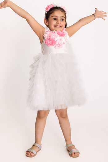 Shop A Little Fable White Tulle, Cotton Embroidery Provence Cascade Ruffle Dress Online at Aza Fashions Shop_A Little Fable_White Tulle, Cotton Embroidery Provence Cascade Ruffle Dress _Online_at_Aza_Fashions