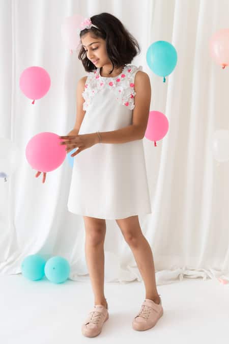 A Little Fable Off White Polyester Applique, Sequins 3d Floral Work Dress 