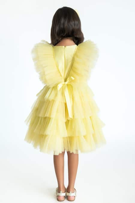 Shop A Little Fable Yellow Tulle, Cotton, Polyester Sequins, Ruffles Regalia Layered Dress at Aza Fashions Shop_A Little Fable_Yellow Tulle, Cotton, Polyester Sequins, Ruffles Regalia Layered Dress _at_Aza_Fashions