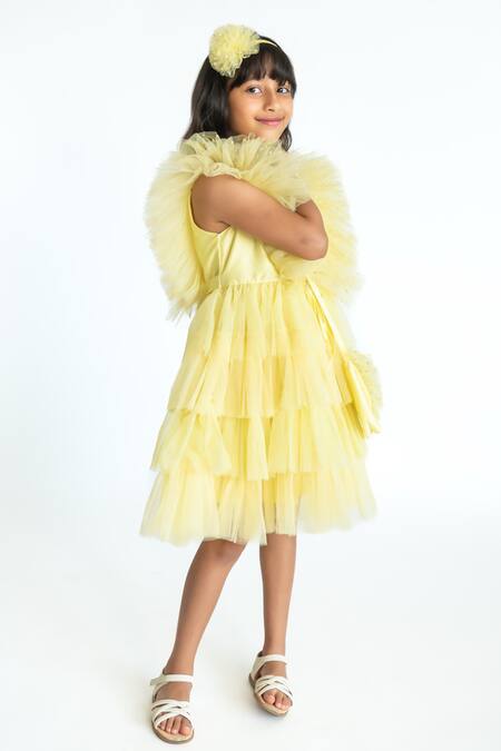 A Little Fable Yellow Tulle, Cotton, Polyester Sequins, Ruffles Regalia Layered Dress Online at Aza Fashions A Little Fable_Yellow Tulle, Cotton, Polyester Sequins, Ruffles Regalia Layered Dress _Online_at_Aza_Fashions