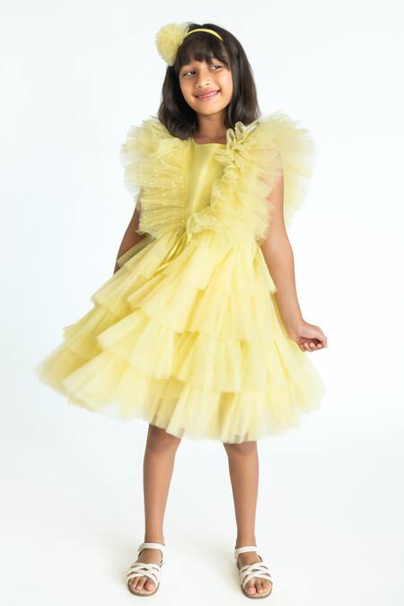 Buy A Little Fable Yellow Tulle, Cotton, Polyester Sequins, Ruffles Regalia Layered Dress Online at Aza Fashions Buy_A Little Fable_Yellow Tulle, Cotton, Polyester Sequins, Ruffles Regalia Layered Dress _Online_at_Aza_Fashions