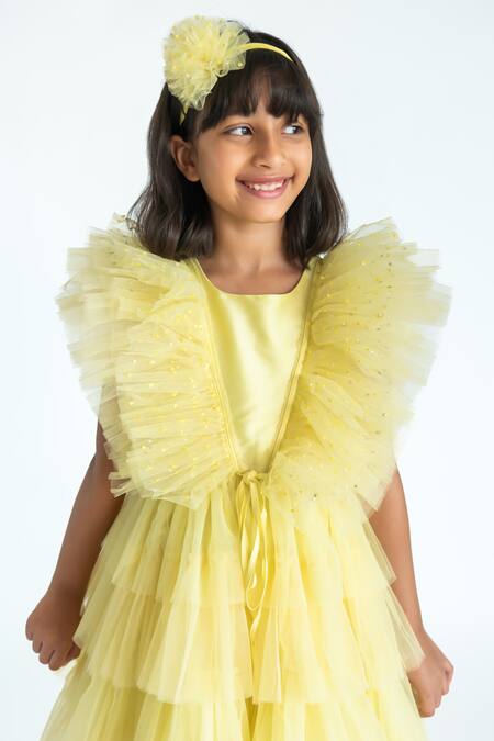 Shop A Little Fable Yellow Tulle, Cotton, Polyester Sequins, Ruffles Regalia Layered Dress Online at Aza Fashions Shop_A Little Fable_Yellow Tulle, Cotton, Polyester Sequins, Ruffles Regalia Layered Dress _Online_at_Aza_Fashions