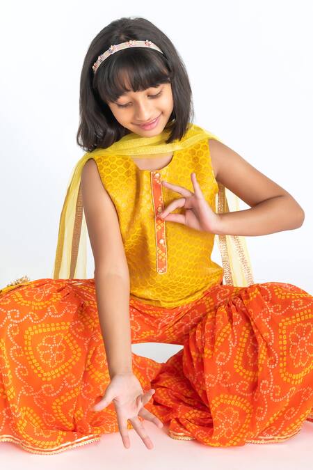 A Little Fable_Yellow Jacquard, Georgette Tassels Bandhani Print Sharara Set_Online_at_Aza_Fashions