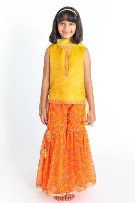 Buy_A Little Fable_Yellow Jacquard, Georgette Tassels Bandhani Print Sharara Set_Online_at_Aza_Fashions