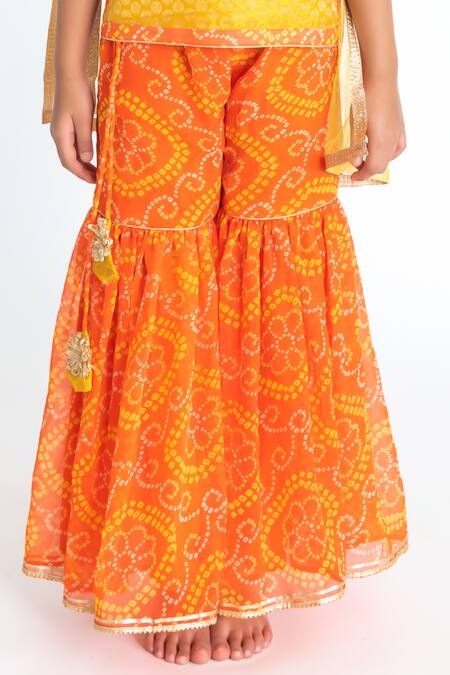 Shop_A Little Fable_Yellow Jacquard, Georgette Tassels Bandhani Print Sharara Set_Online_at_Aza_Fashions
