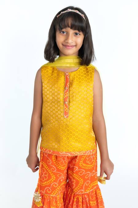 A Little Fable_Yellow Jacquard, Georgette Tassels Bandhani Print Sharara Set_at_Aza_Fashions
