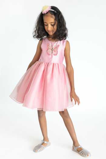 A Little Fable Pink Cotton, Polyester, Organza Sequins, Tinsel Butterfly Applique Work Dress Online at Aza Fashions A Little Fable_Pink Cotton, Polyester, Organza Sequins, Tinsel Butterfly Applique Work Dress _Online_at_Aza_Fashions