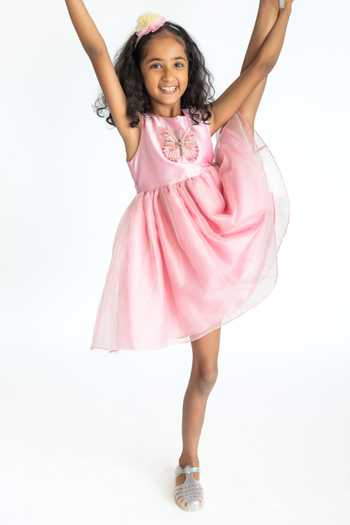Buy A Little Fable Pink Cotton, Polyester, Organza Sequins, Tinsel Butterfly Applique Work Dress Online at Aza Fashions Buy_A Little Fable_Pink Cotton, Polyester, Organza Sequins, Tinsel Butterfly Applique Work Dress _Online_at_Aza_Fashions