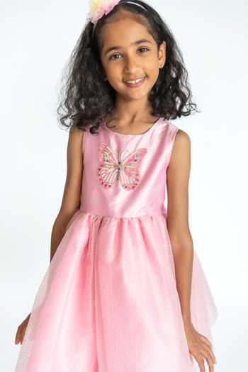 Shop A Little Fable Pink Cotton, Polyester, Organza Sequins, Tinsel Butterfly Applique Work Dress Online at Aza Fashions Shop_A Little Fable_Pink Cotton, Polyester, Organza Sequins, Tinsel Butterfly Applique Work Dress _Online_at_Aza_Fashions