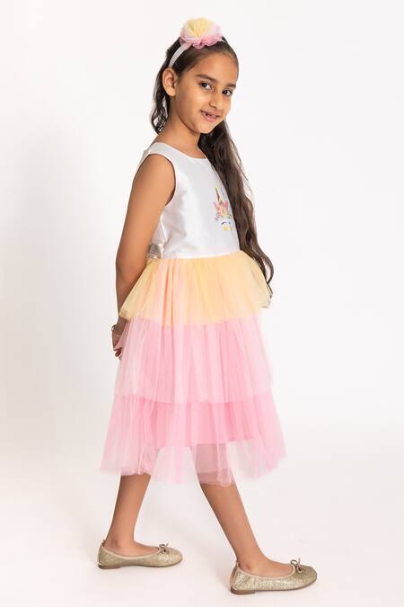 A Little Fable_Purple Tulle, Cotton Sequins, Stones Unicorn Print Yoke Ruffle Dress _Online_at_Aza_Fashions