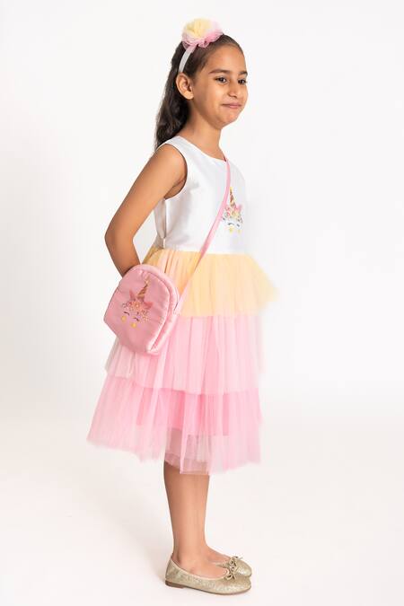 Buy_A Little Fable_Purple Tulle, Cotton Sequins, Stones Unicorn Print Yoke Ruffle Dress _Online_at_Aza_Fashions