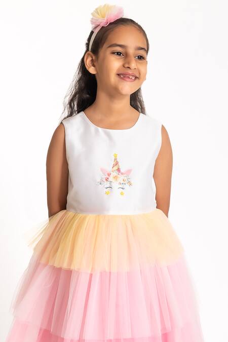 Shop_A Little Fable_Purple Tulle, Cotton Sequins, Stones Unicorn Print Yoke Ruffle Dress _Online_at_Aza_Fashions