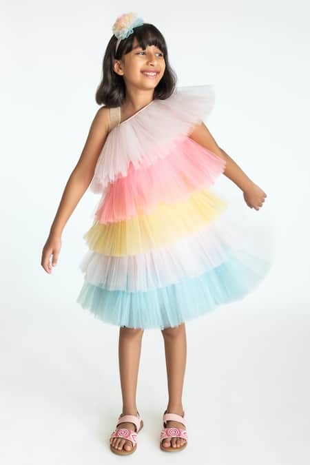 A Little Fable Multi Color Tulle, Cotton Fresh Candy Layered Ruffle Dress 