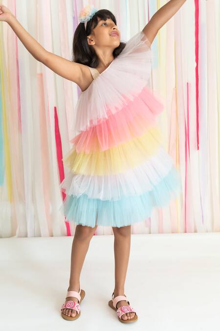 A Little Fable Multi Color Tulle, Cotton Fresh Candy Layered Ruffle Dress Online at Aza Fashions A Little Fable_Multi Color Tulle, Cotton Fresh Candy Layered Ruffle Dress _Online_at_Aza_Fashions