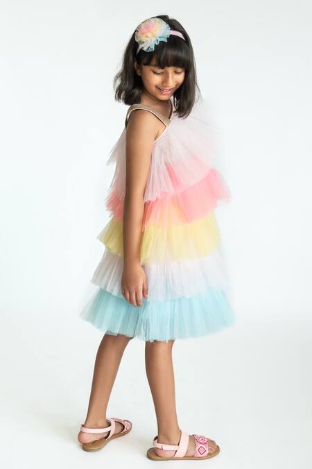 Shop A Little Fable Multi Color Tulle, Cotton Fresh Candy Layered Ruffle Dress Online at Aza Fashions Shop_A Little Fable_Multi Color Tulle, Cotton Fresh Candy Layered Ruffle Dress _Online_at_Aza_Fashions