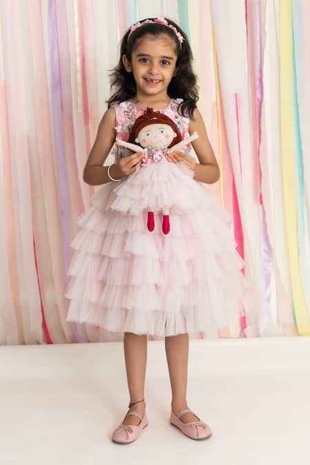 A Little Fable Pink Tulle, Cotton, Polyester Sequins, Florence Applique Work Ruffle Dress