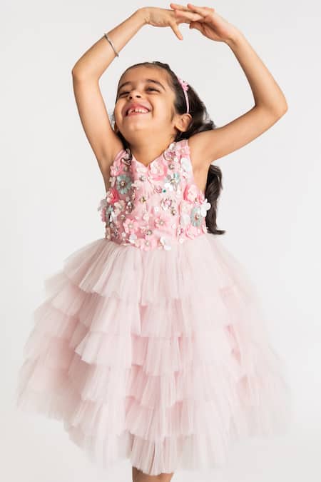 A Little Fable_Pink Tulle, Cotton, Polyester Sequins, Florence Applique Work Ruffle Dress _Online_at_Aza_Fashions