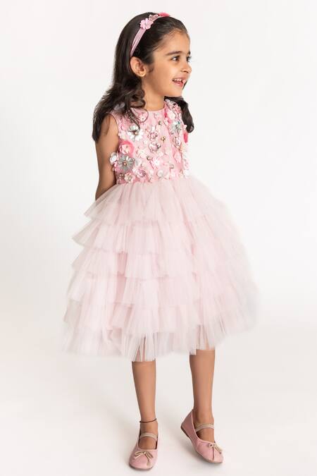 Buy_A Little Fable_Pink Tulle, Cotton, Polyester Sequins, Florence Applique Work Ruffle Dress _Online_at_Aza_Fashions