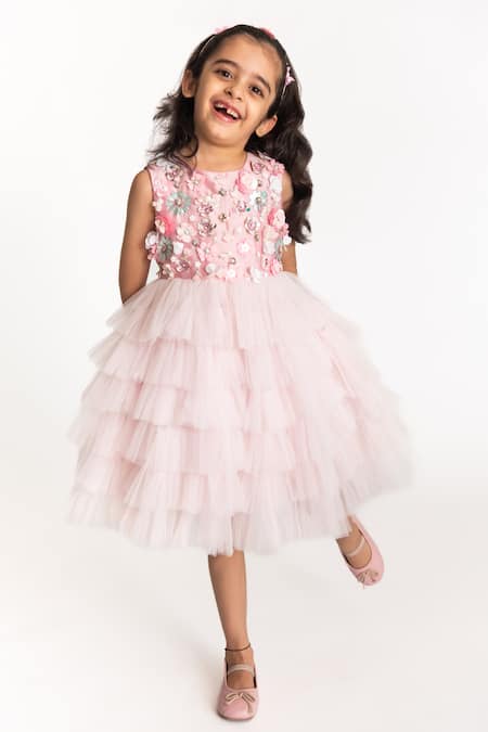 Shop_A Little Fable_Pink Tulle, Cotton, Polyester Sequins, Florence Applique Work Ruffle Dress _Online_at_Aza_Fashions