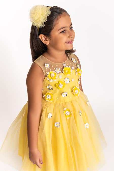 A Little Fable_Yellow Tulle, Polyester, Cotton Embroidery, 3d Flower Applique Work Dress _Online_at_Aza_Fashions
