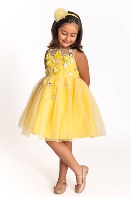 Buy_A Little Fable_Yellow Tulle, Polyester, Cotton Embroidery, 3d Flower Applique Work Dress _Online_at_Aza_Fashions