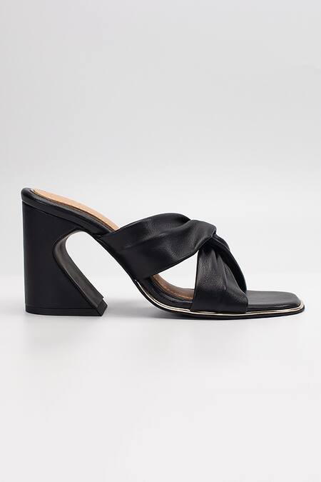 Heel Your Sole_Black Plain Lulu Knotted Cutout Strap Block Heels _Online_at_Aza_Fashions