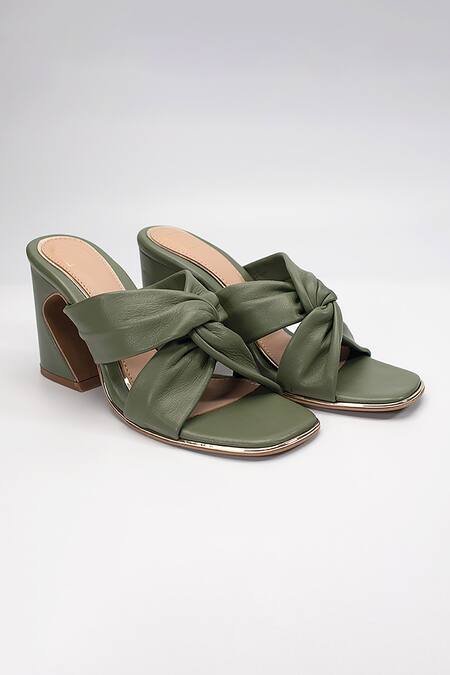 Heel Your Sole Green Lulu Knotted Strap Leather Block Heels 