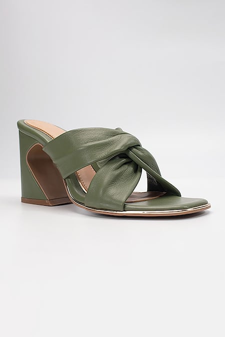Shop Heel Your Sole Green Lulu Knotted Strap Leather Block Heels at Aza Fashions Shop_Heel Your Sole_Green Lulu Knotted Strap Leather Block Heels _at_Aza_Fashions