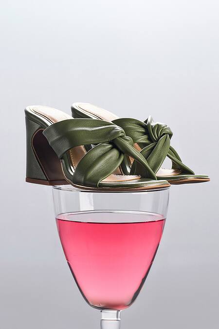Heel Your Sole Green Lulu Knotted Strap Leather Block Heels Online at Aza Fashions Heel Your Sole_Green Lulu Knotted Strap Leather Block Heels _Online_at_Aza_Fashions